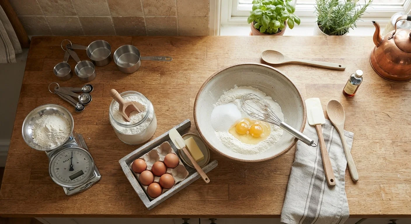 Overhead view of measuring cups, kitchen scale, flour, and mixing bowl on a wooden counter