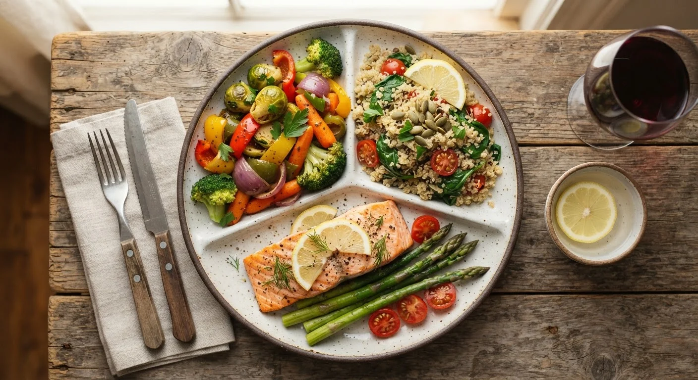 A balanced dinner plate with colorful vegetables, whole grains, and lean protein arranged proportionally