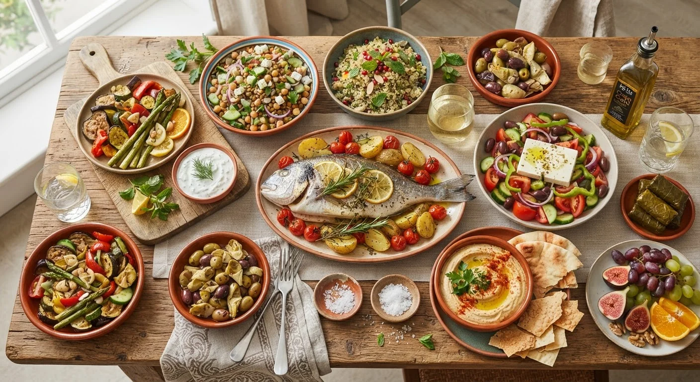 Colorful spread of vegetables, whole grains, legumes, fish, and olive oil arranged on a wooden table