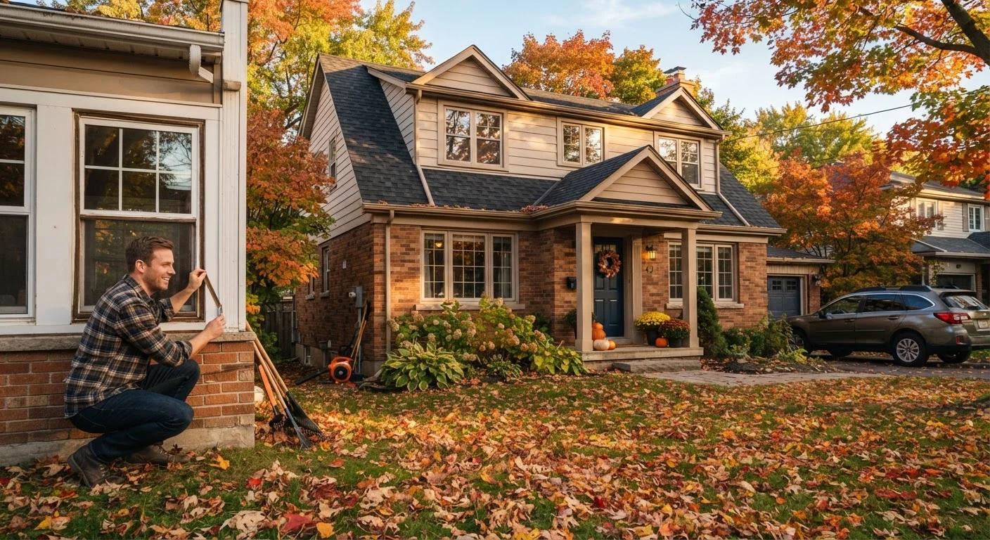 Homeowner inspecting window weatherstripping on a suburban house surrounded by autumn leaves.