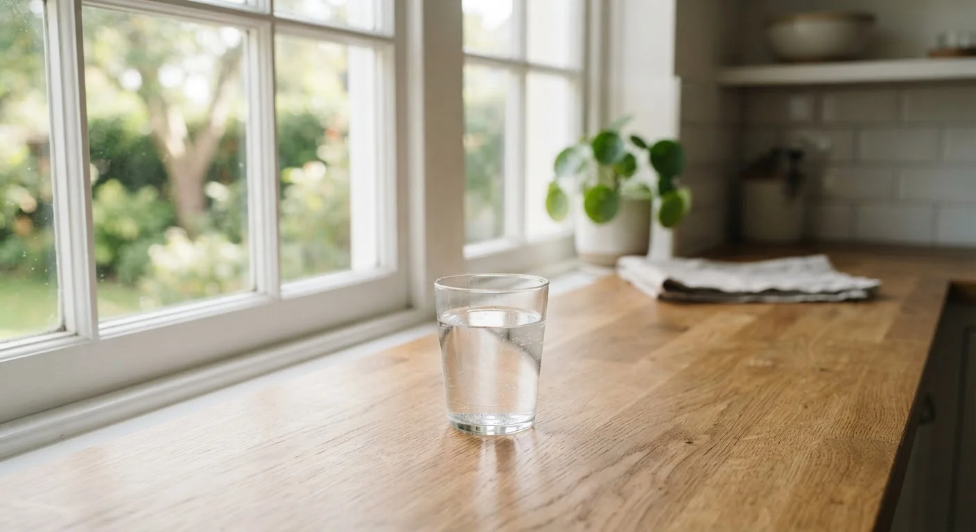 A clear glass of water on a wooden kitchen counter with soft natural morning light