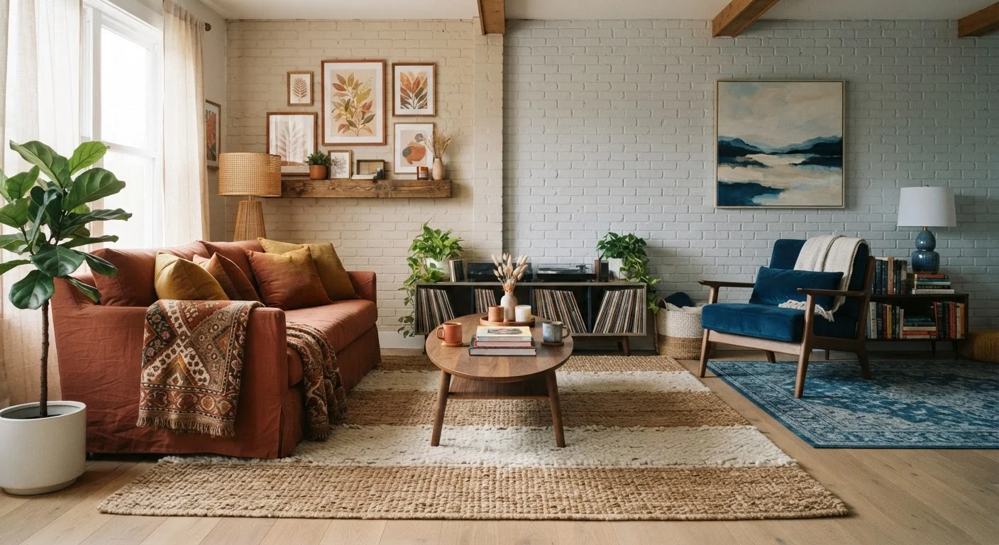A shared living room blending two distinct personal styles into a cohesive, organized space.
