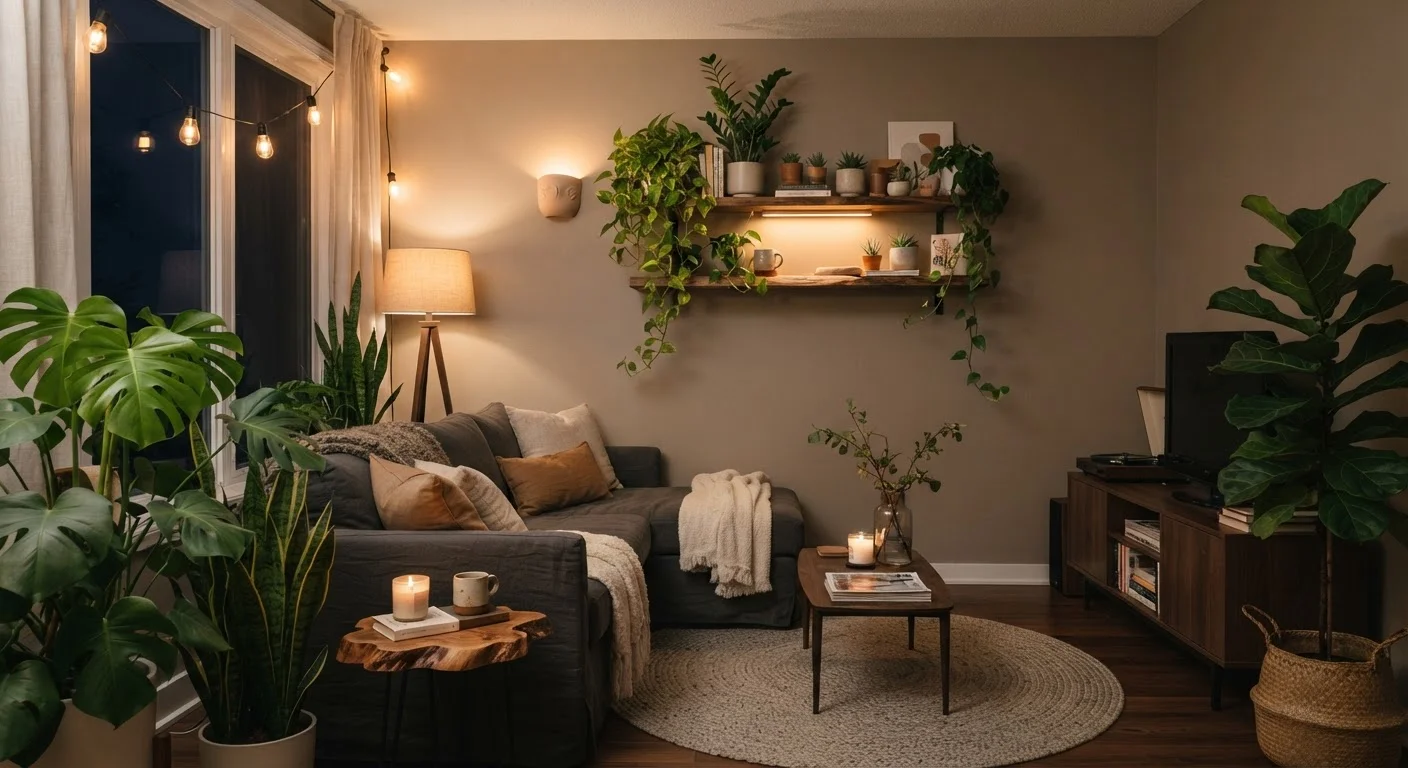 Lush green houseplants styled on shelves and in corners of a softly lit living room.