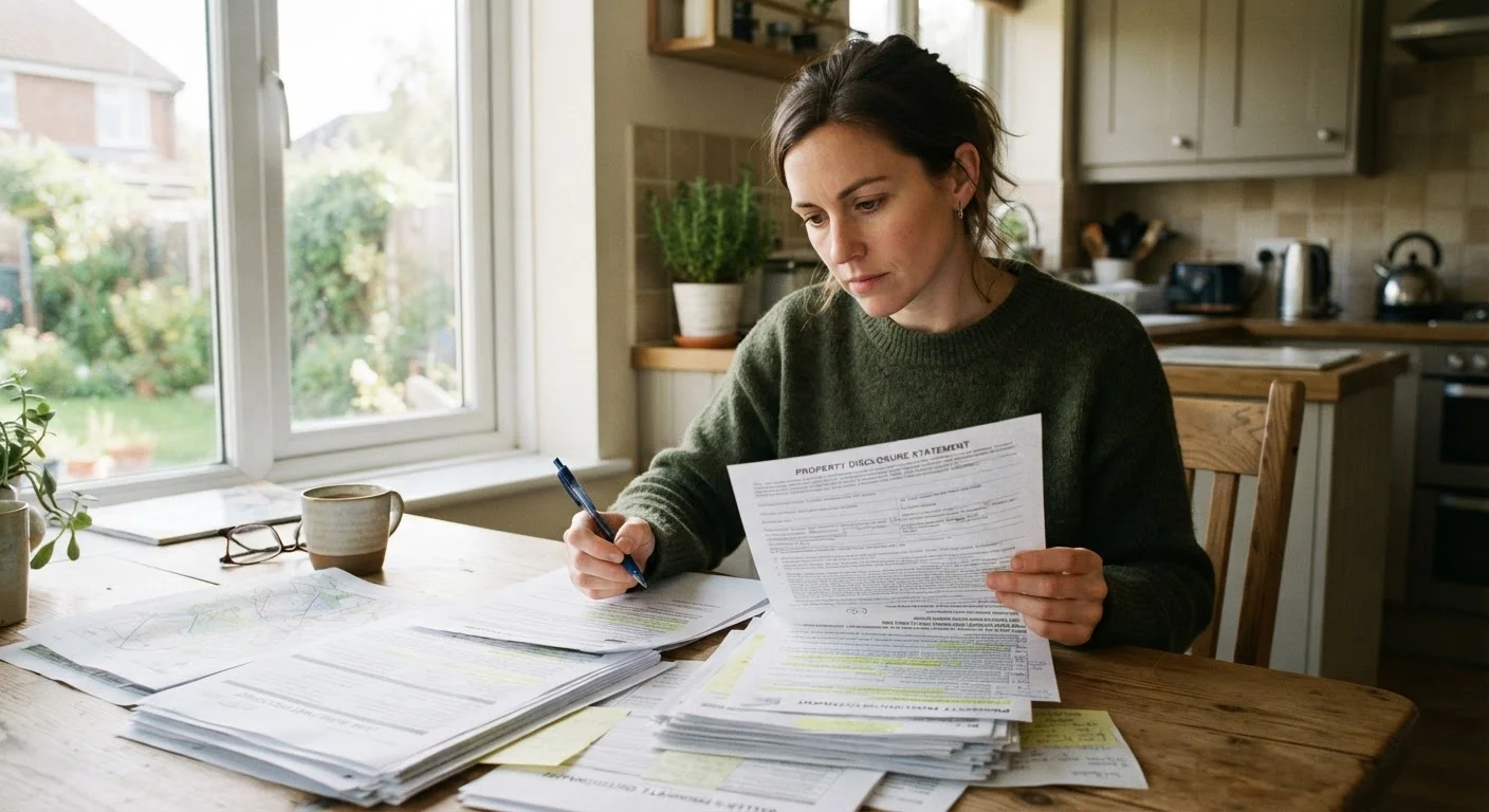 A homebuyer carefully reviewing a seller's disclosure document at a kitchen table