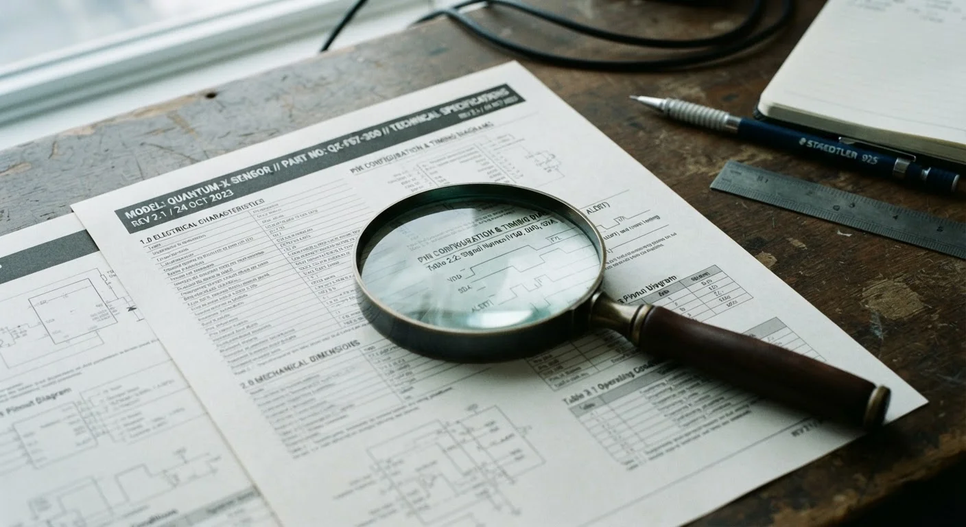 A magnifying glass placed on a printed product specification sheet covered in technical data