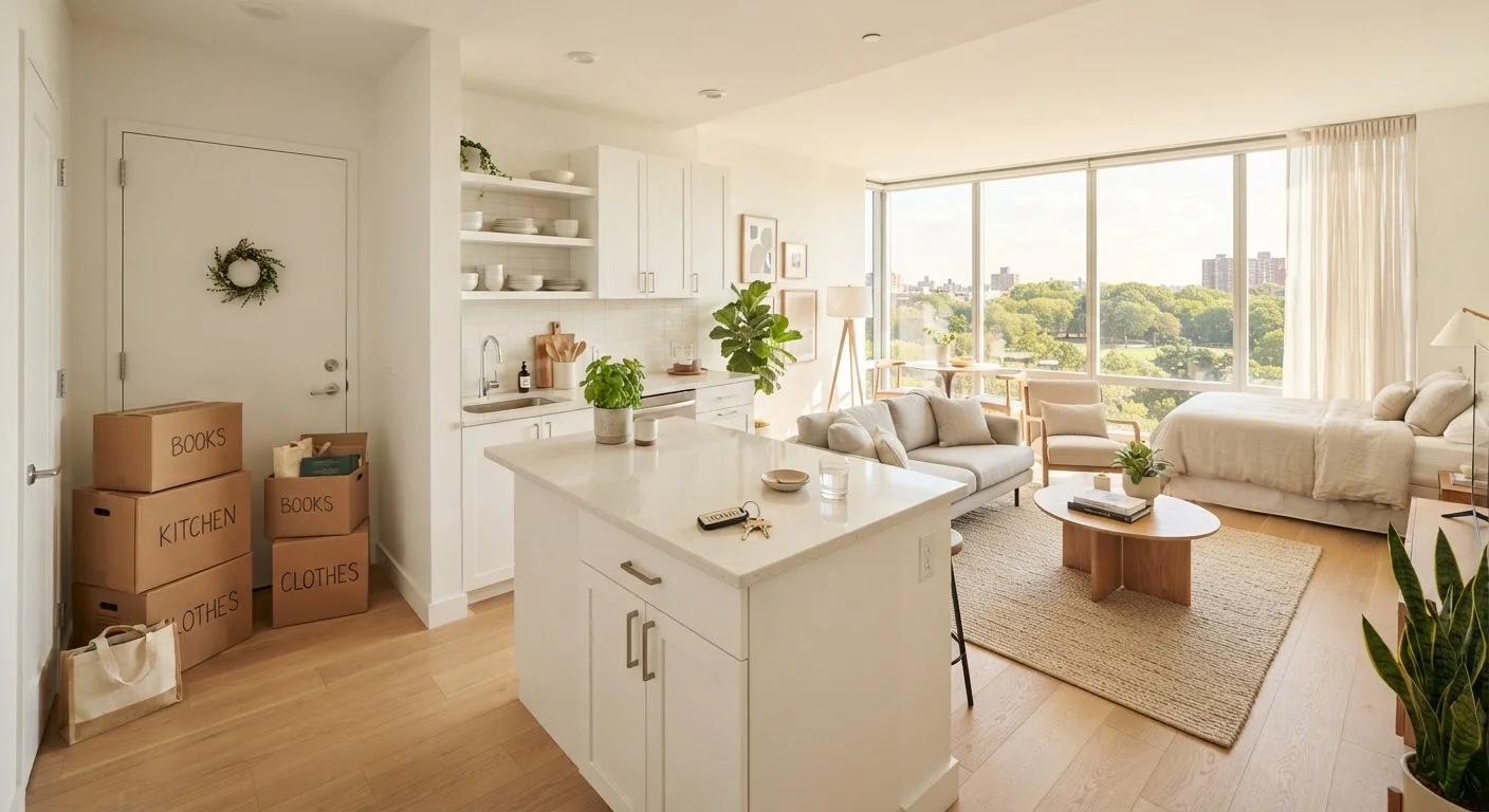 A bright modern apartment with moving boxes and keys on a kitchen counter, ready for a first-time renter