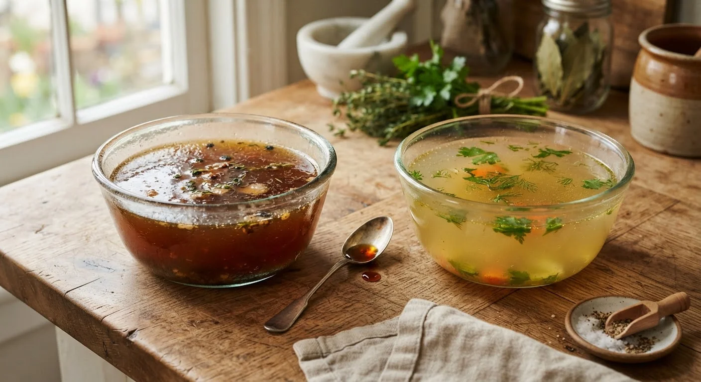 Two glass bowls side by side showing the visual difference between dark stock and lighter golden broth