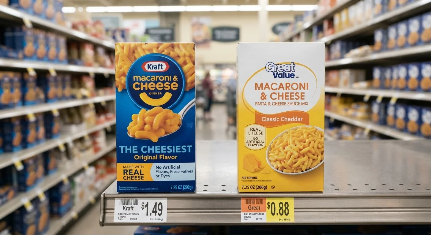 Two similar product packages side by side on a store shelf, one name-brand and one store-brand