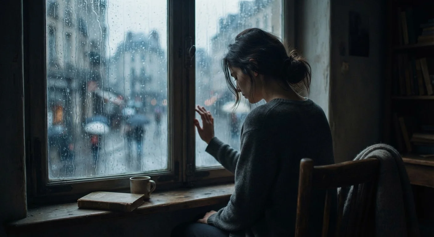 A person sitting alone by a rain-streaked window in dim, soft natural light