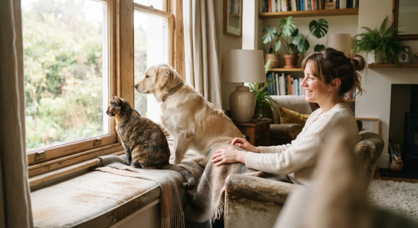 A dog and cat sitting near a sunny window while a pet owner watches them calmly