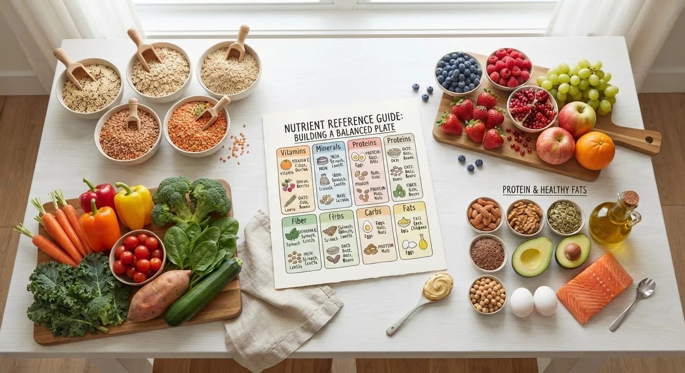 Colorful array of whole foods beside a dietary reference chart on a white surface