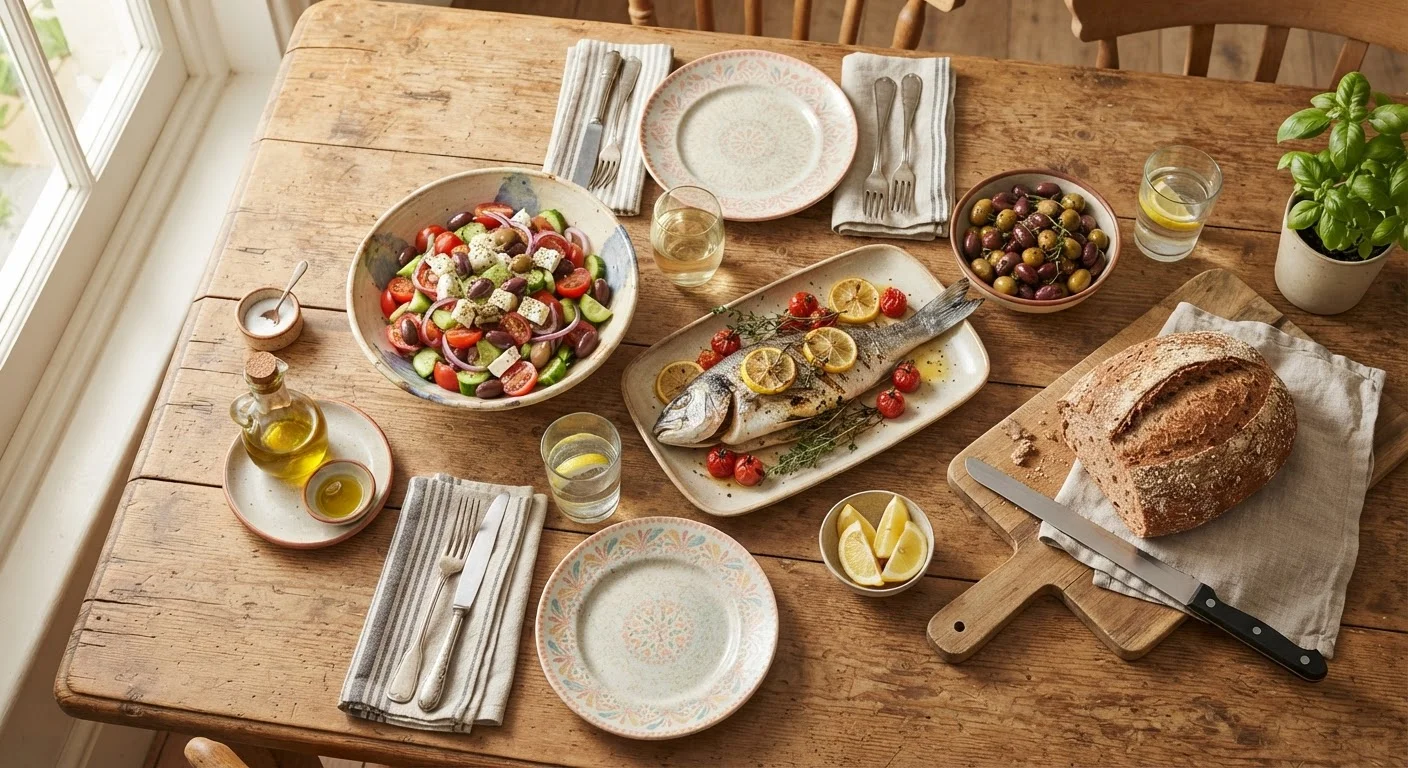 A colorful Mediterranean-style meal spread on a rustic wooden table with vegetables, fish, olives, and olive oil