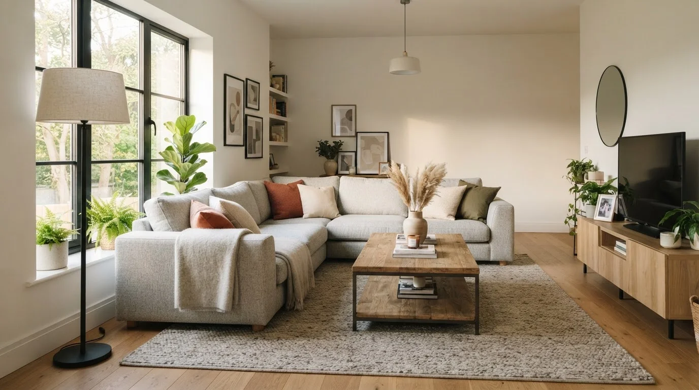 A well-proportioned living room showing harmonious furniture scale with sofa, coffee table, and lamp