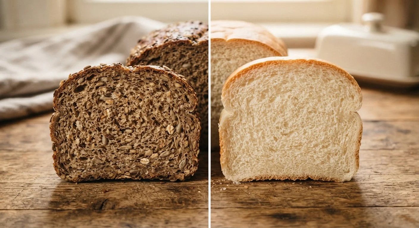 Two bread slices side by side showing the visual contrast between whole grain and refined white bread.