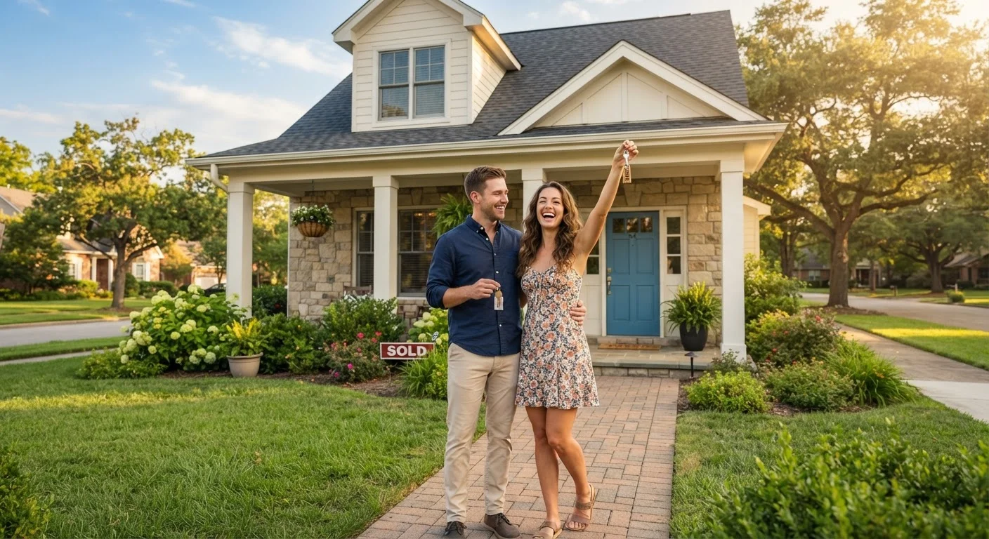 A couple holding house keys while standing in front of their newly purchased home on a sunny day